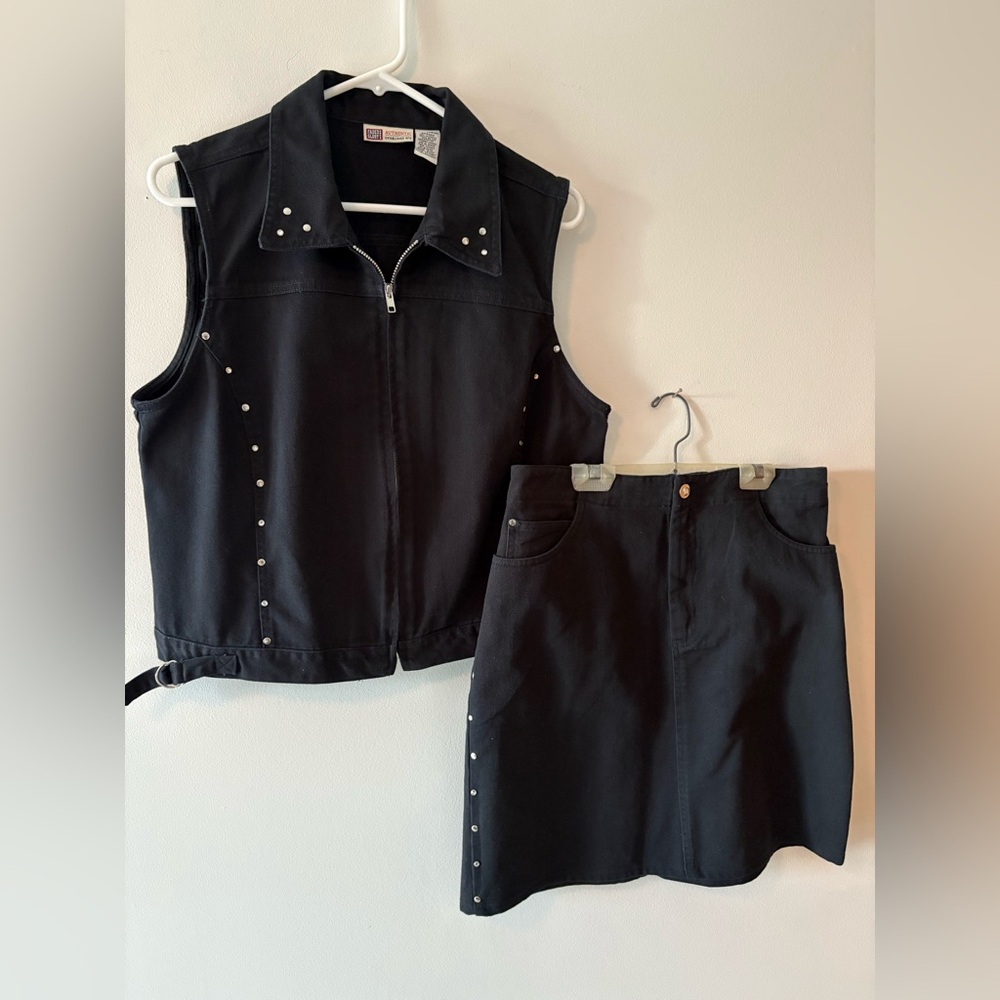Faded Glory Jeans 2 Pc Black Denim Set. Jacket L; Skirt 12. Studs & Bling Trim